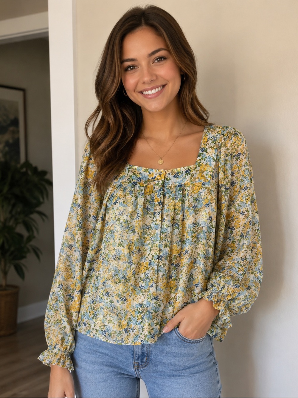 LC Lauren Conrad Yellow and Blue Floral Square-Neck Blouse Size XS